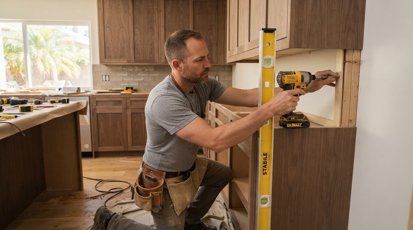 Carpenter aligning custom cabinetry in a Downey area home kitchen