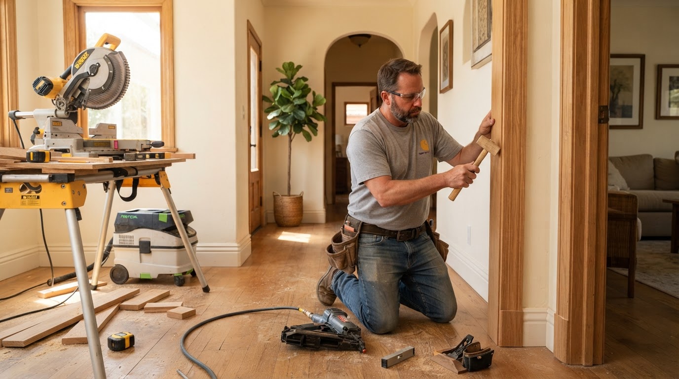 Finish carpenter fitting door casing in an established Montebello home