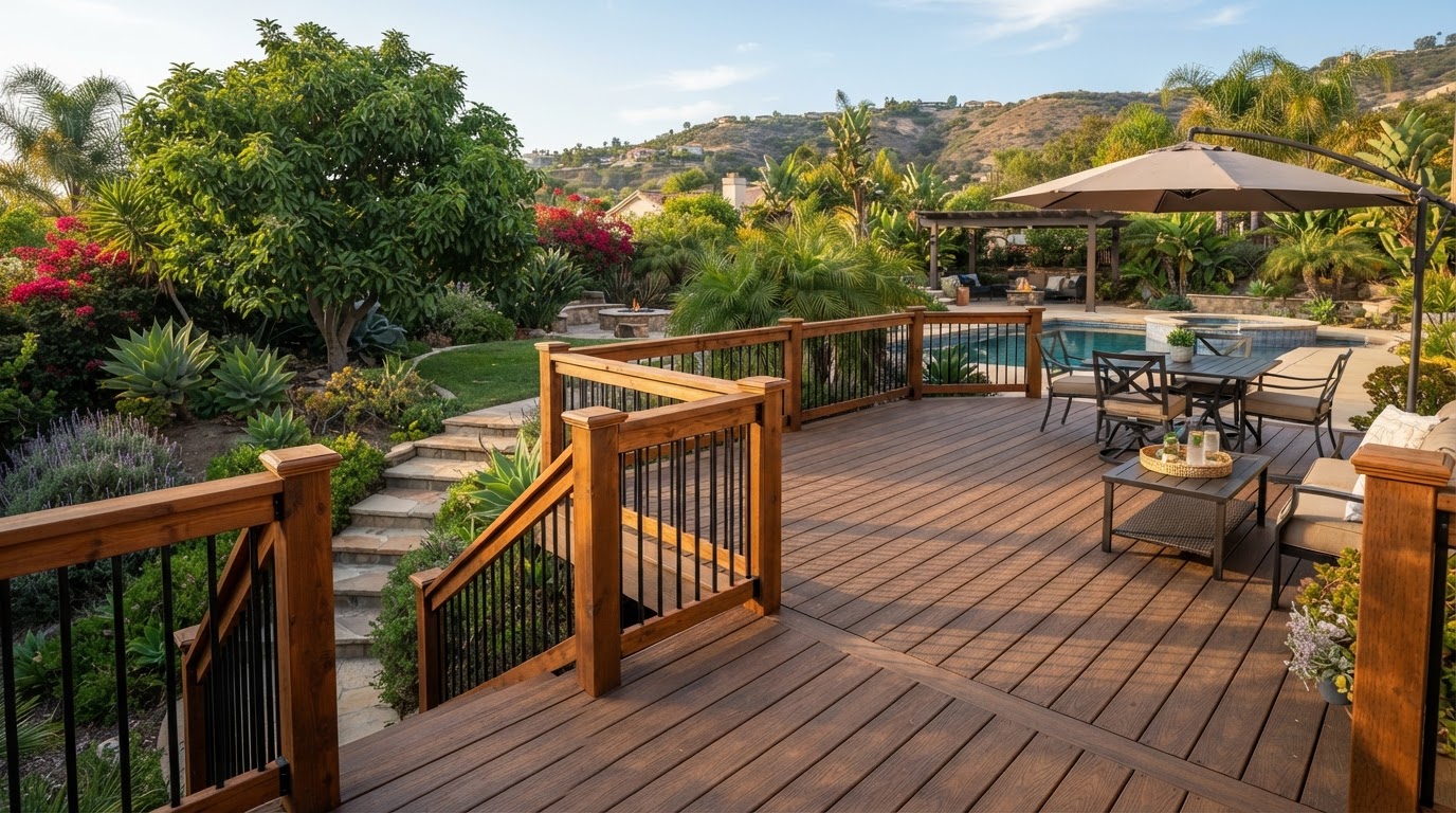 New backyard deck with wood decking and railings being installed in a Southern California home