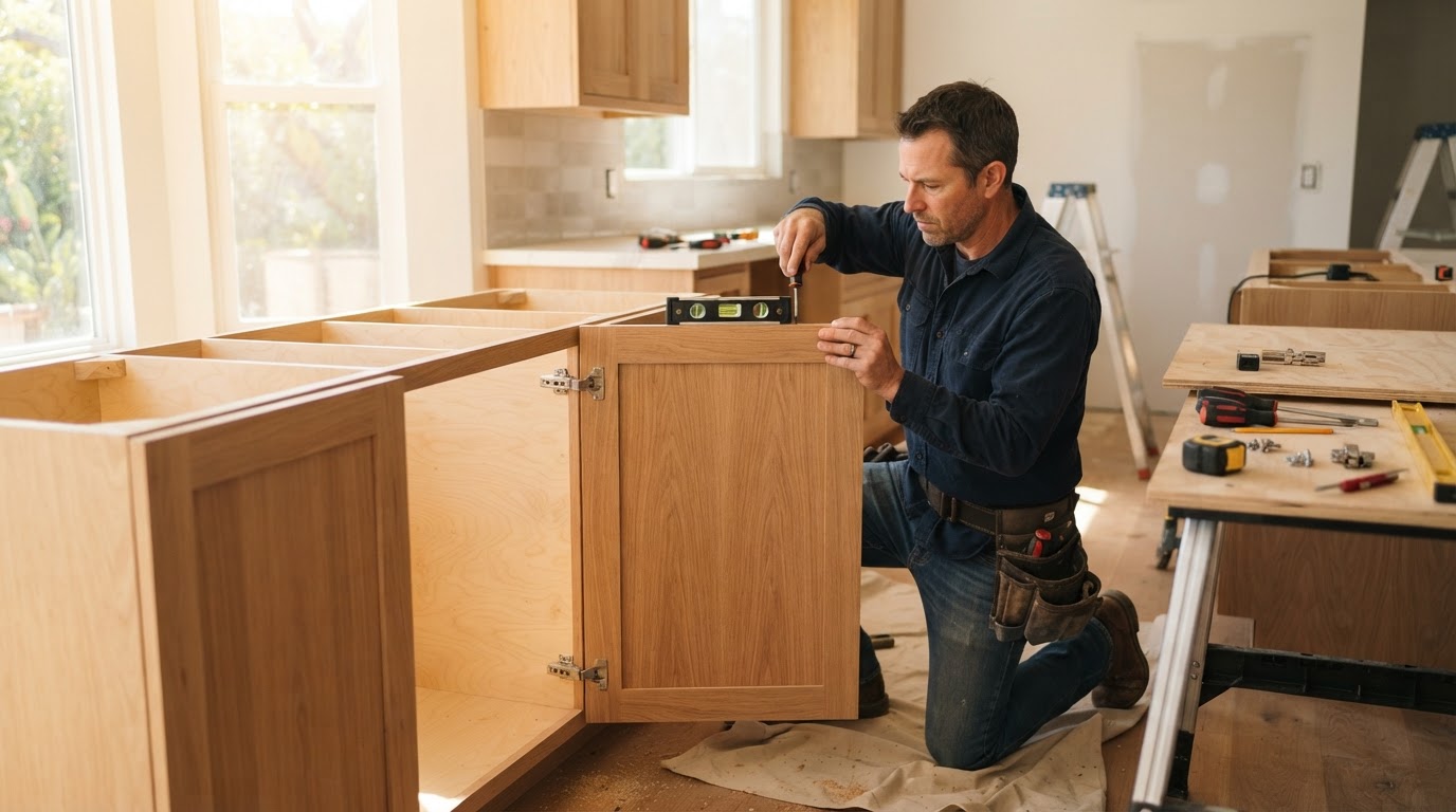 Carpenter fitting custom cabinets in a Pico Rivera area kitchen