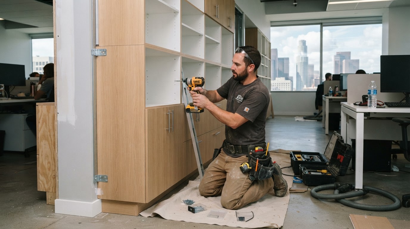 Commercial built-in storage cabinet installation in a Los Angeles County workspace
