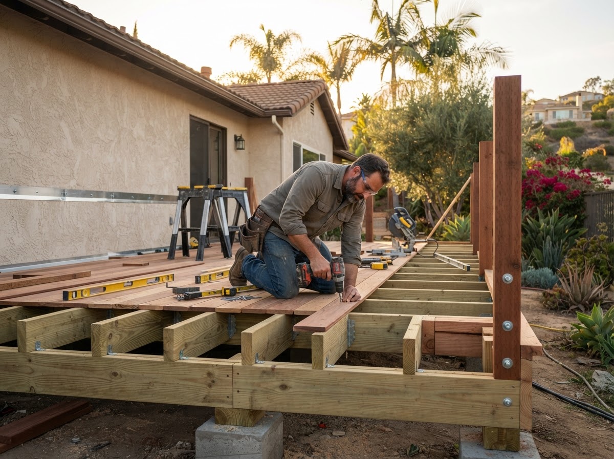 Backyard deck construction with pressure-treated framing, ledger, and deck boards
