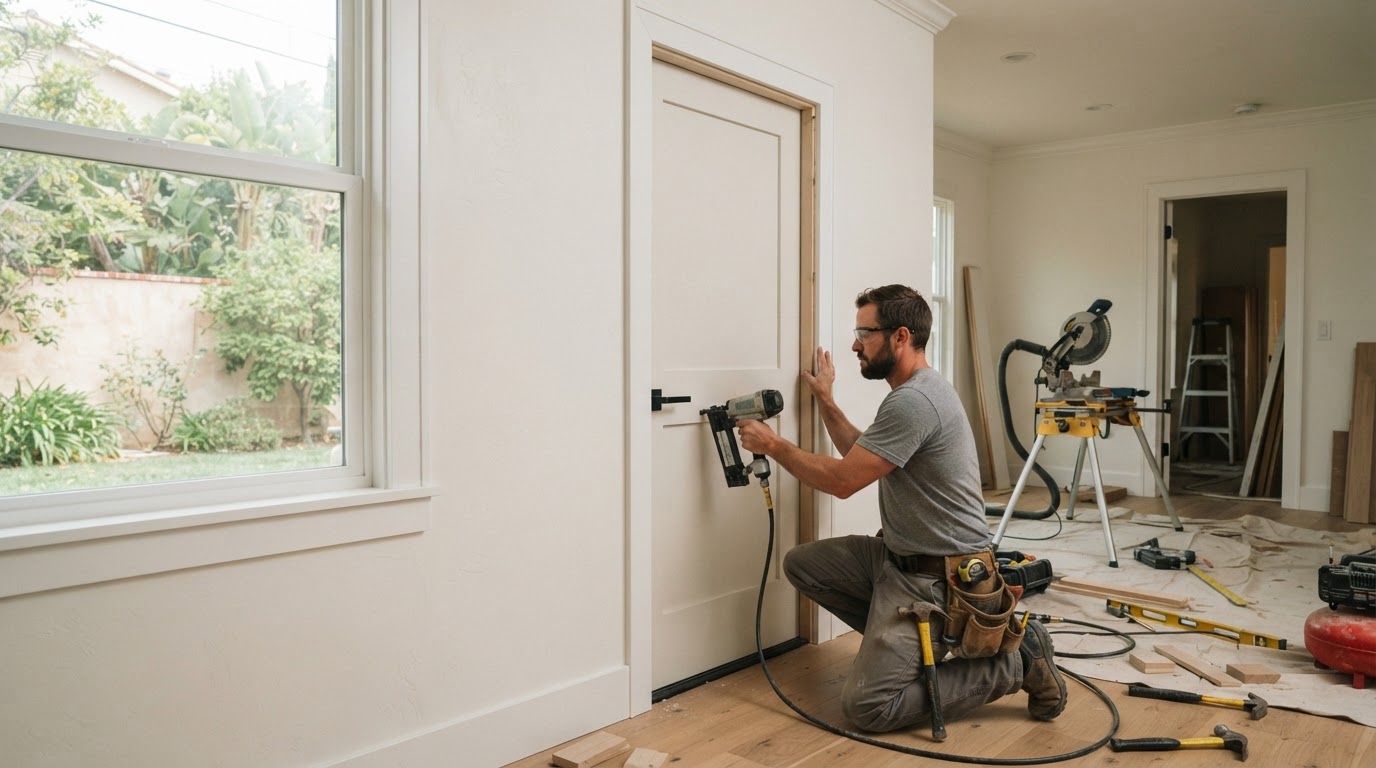 Finish carpenter installing door and window casing in a Downey area home remodel