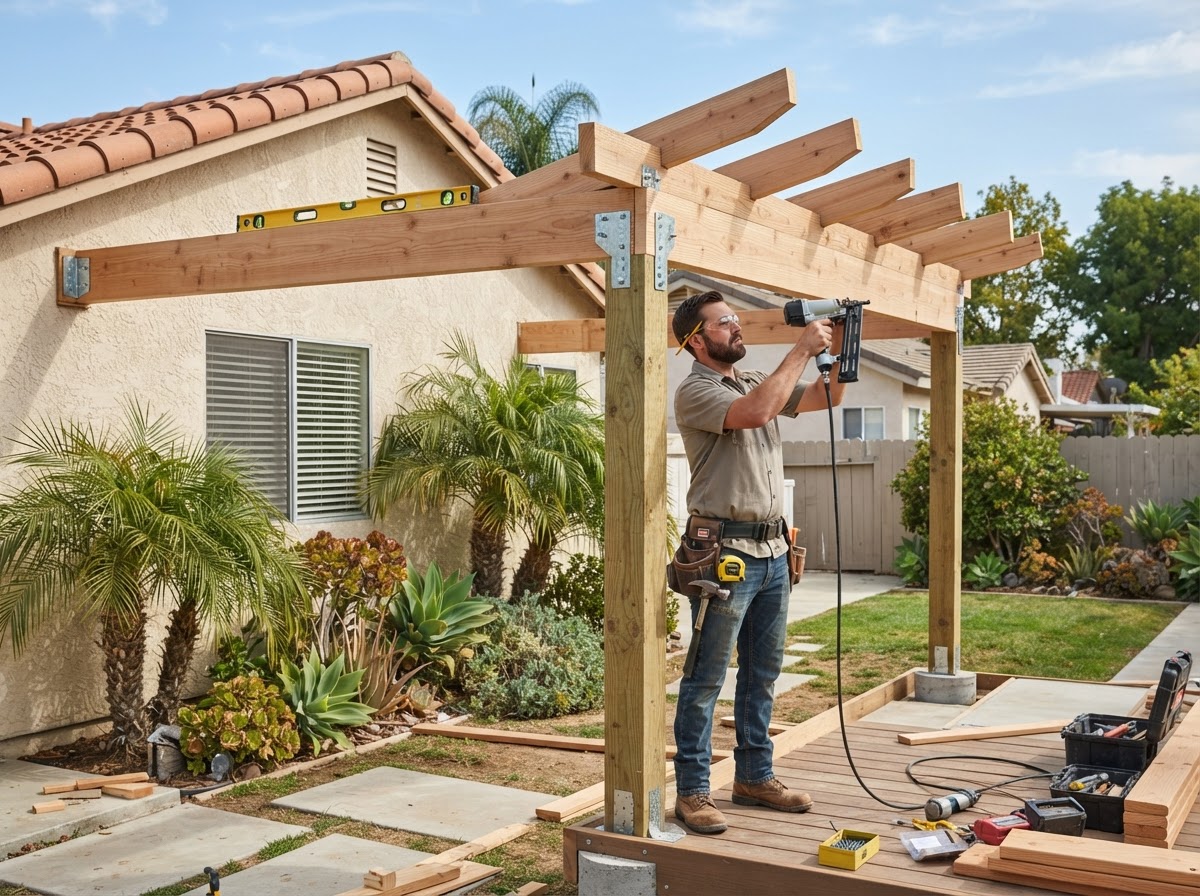 Carpenter framing an outdoor wood structure in the Pico Rivera area