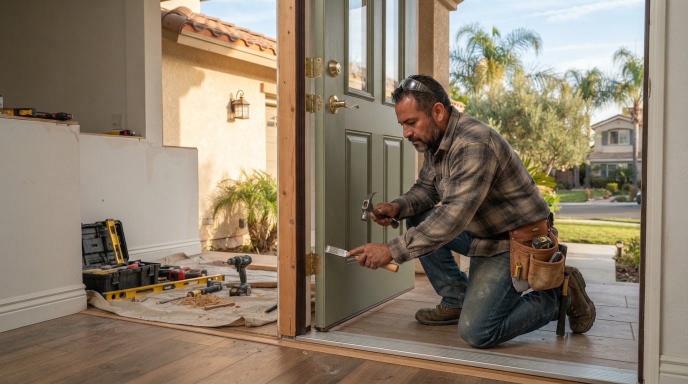 Carpenter installing an exterior door with threshold and weatherstripping in a La Mirada area home
