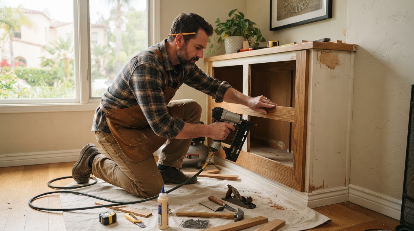Carpenter removing water-damaged baseboard and preparing replacement wood in a Southern California interior