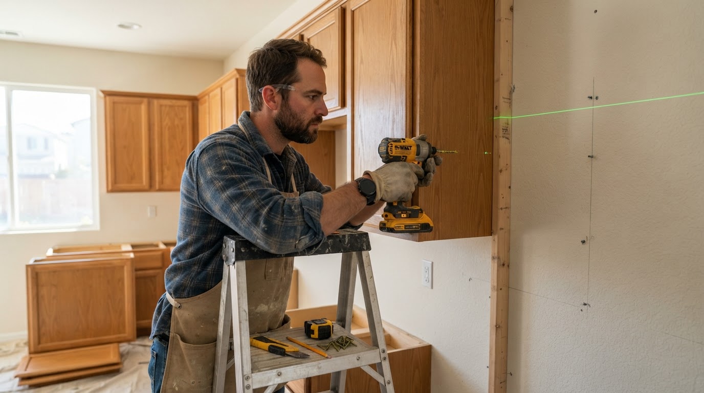 Carpenter fastening wall cabinets to wall studs with cabinet screws