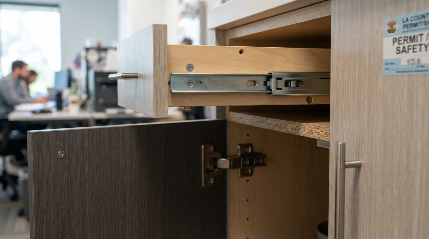 Commercial cabinetry hardware detail with concealed hinges and soft-close drawer slides