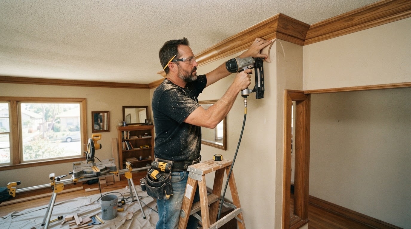 Finish carpenter installing crown molding in a Montebello area home