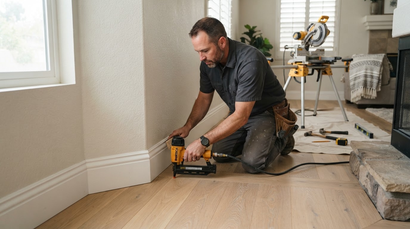 Carpenter fitting baseboards with shoe molding in a Downey area home