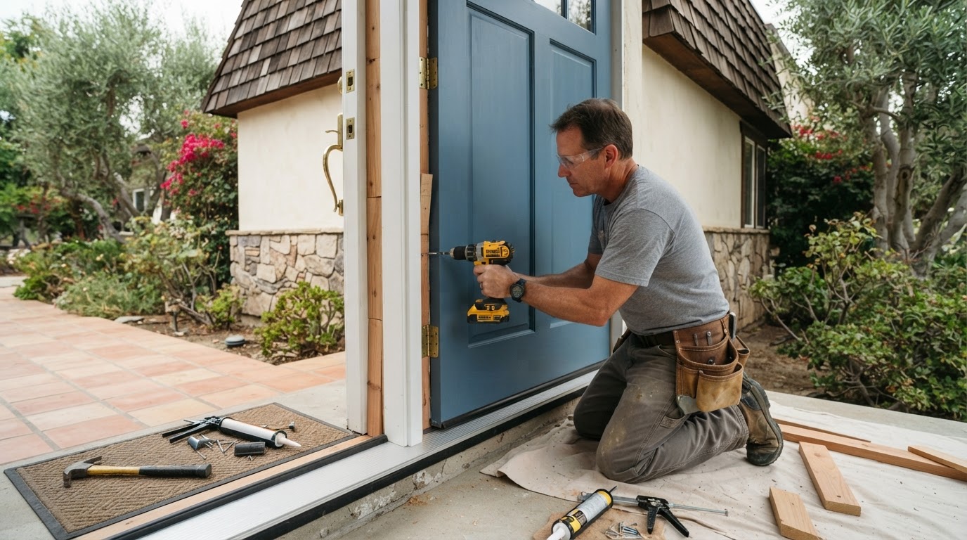 Carpenter installing an exterior door with threshold and weatherstripping in a Downey area home