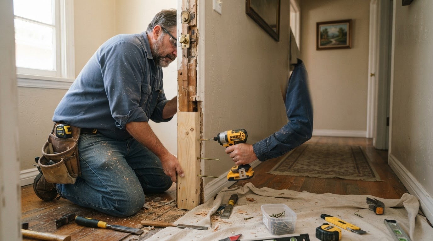 Carpenter repairing a damaged door jamb in a Montebello area home