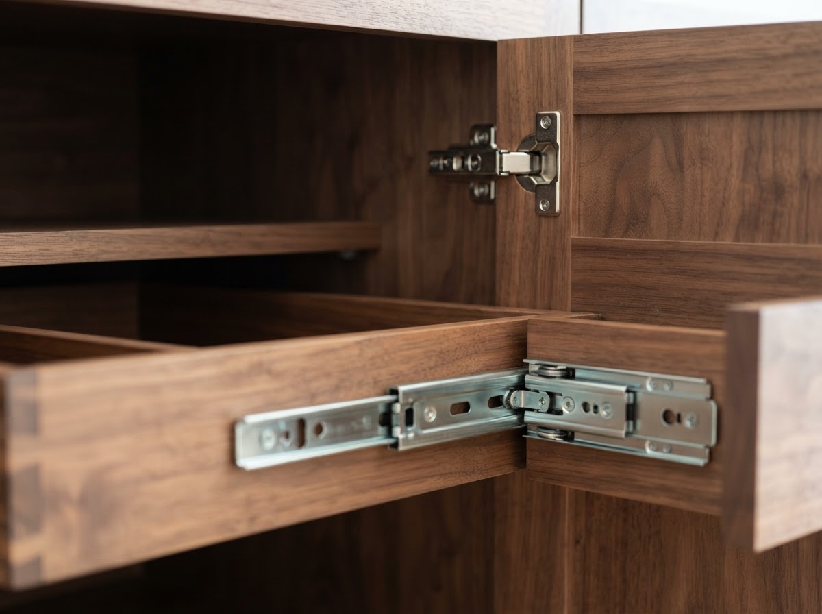 Soft-close drawer and cabinet hardware detail