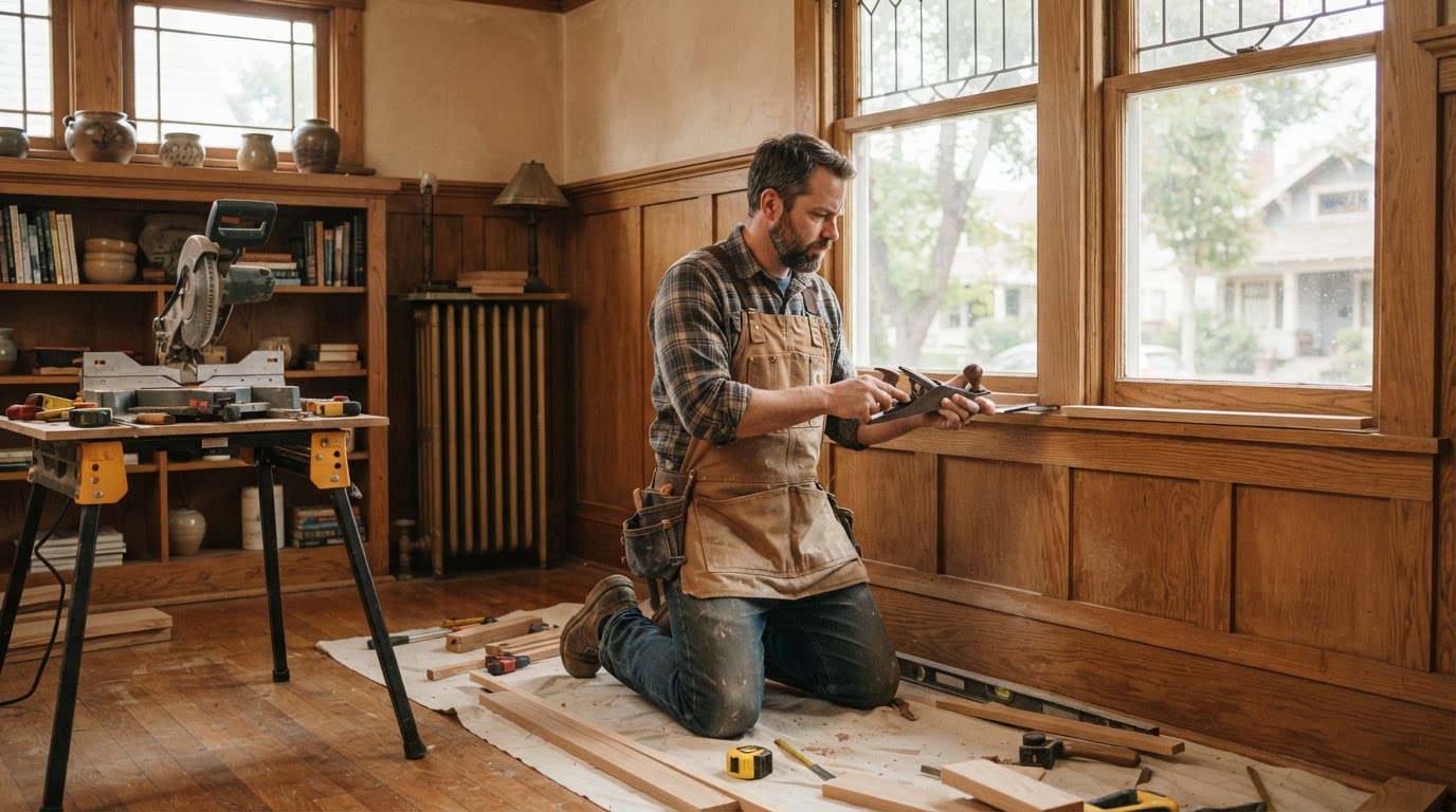 Carpenter completing custom woodwork in a Whittier area home