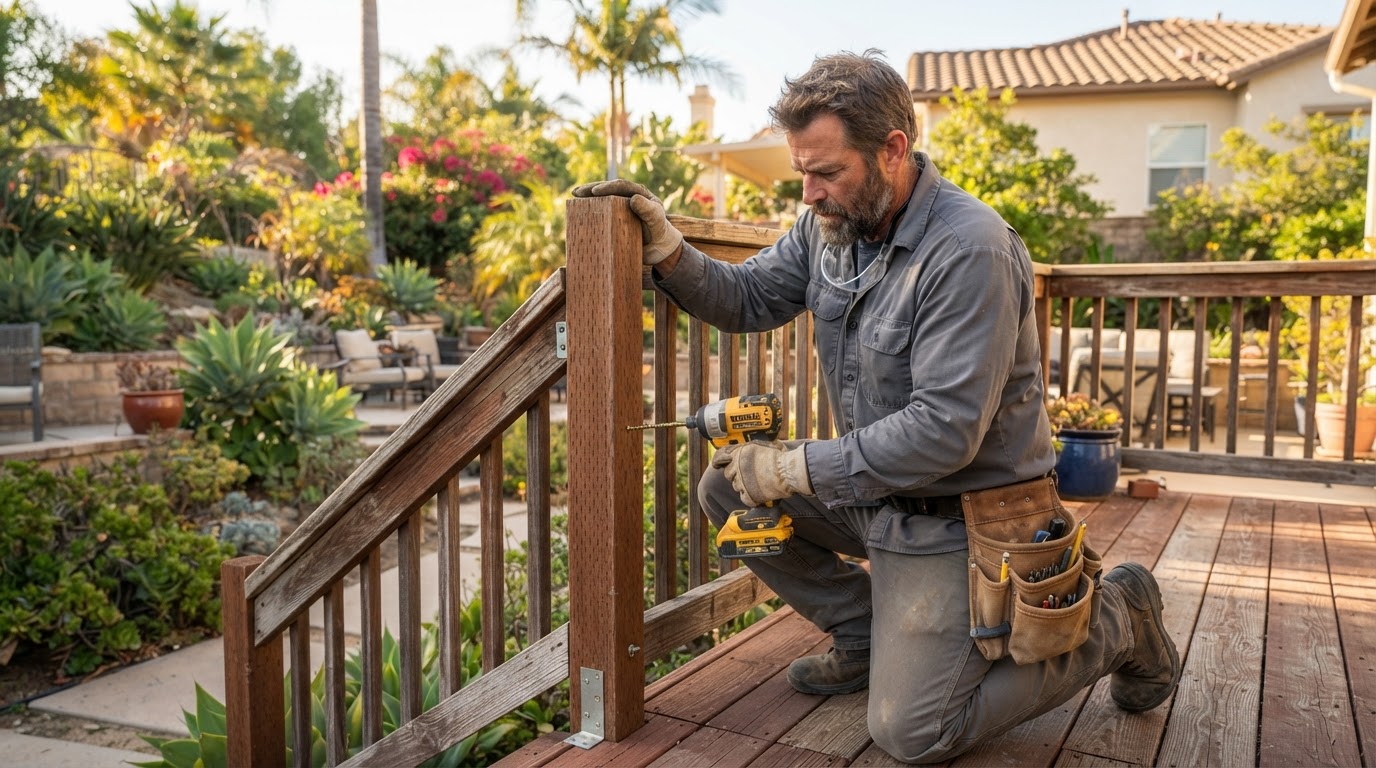 Finished wooden deck with railings in a Southern California backyard, composite decking and guardrails