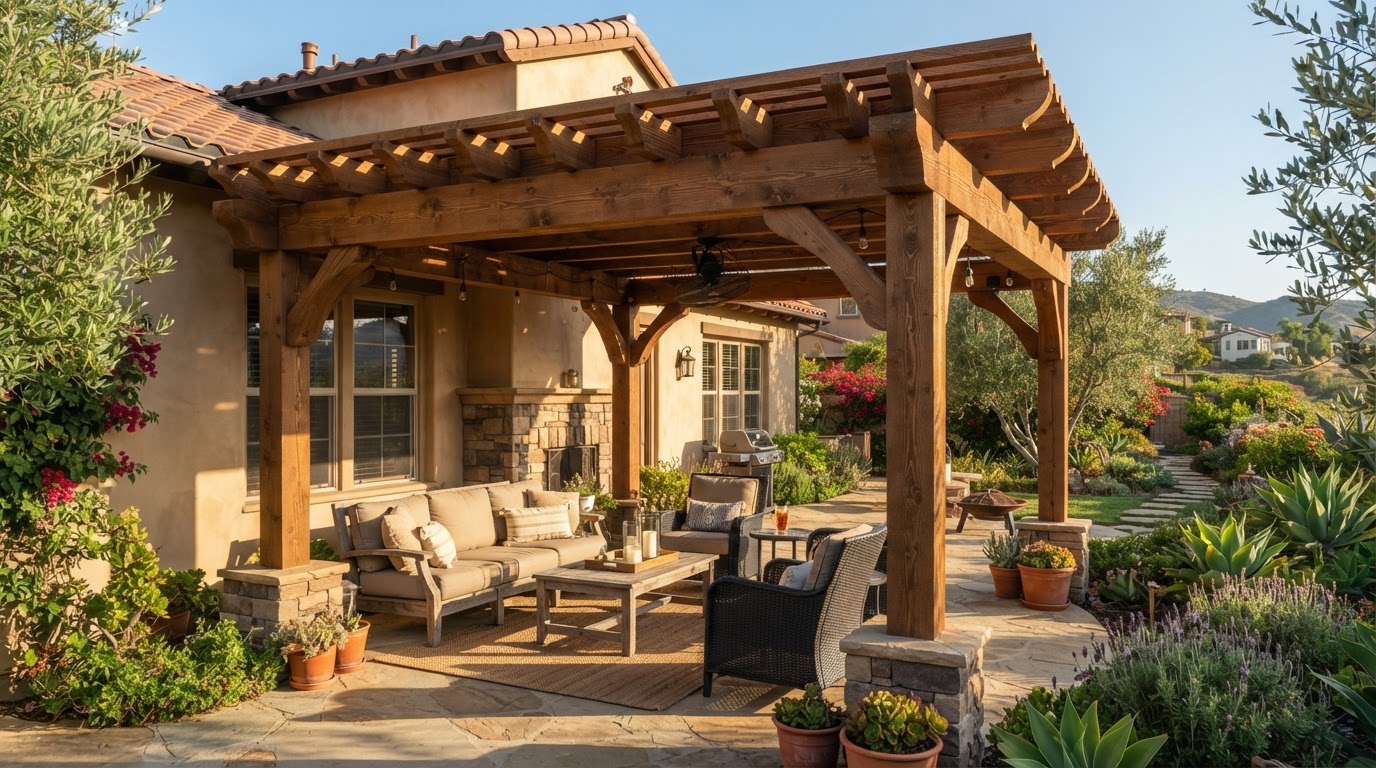 Finished attached wood patio cover on a Southern California home with a shaded outdoor living area