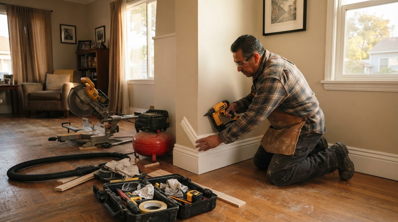 Carpenter fitting baseboards with shoe molding in a Montebello area home