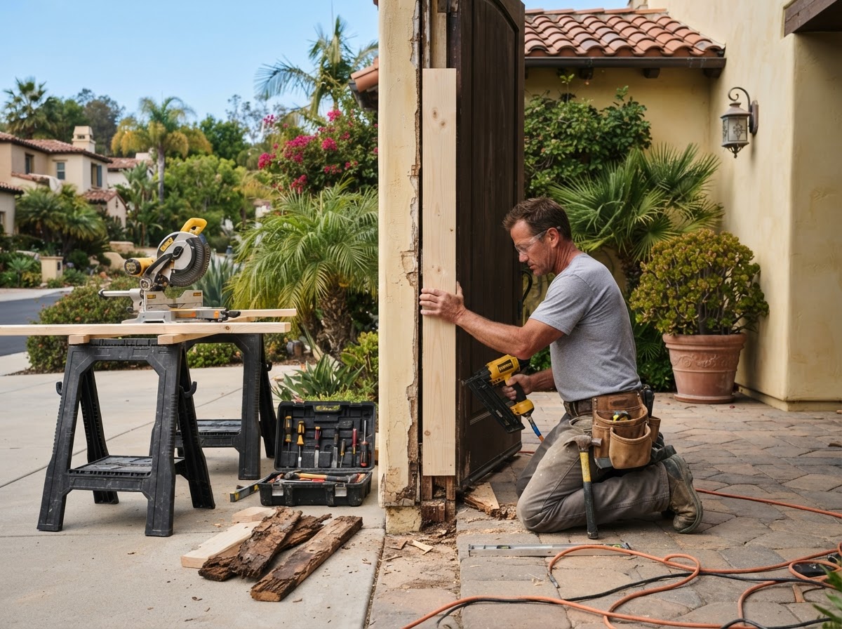 Carpenter repairing damaged wood on a Pico Rivera area property