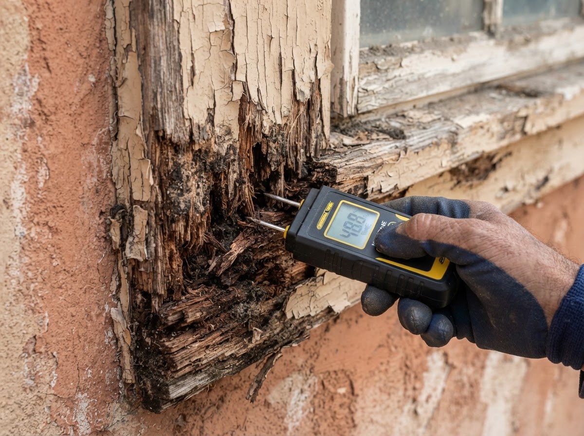 Close-up of deteriorated exterior wood with visible rot being inspected with a moisture meter on a Southern California home