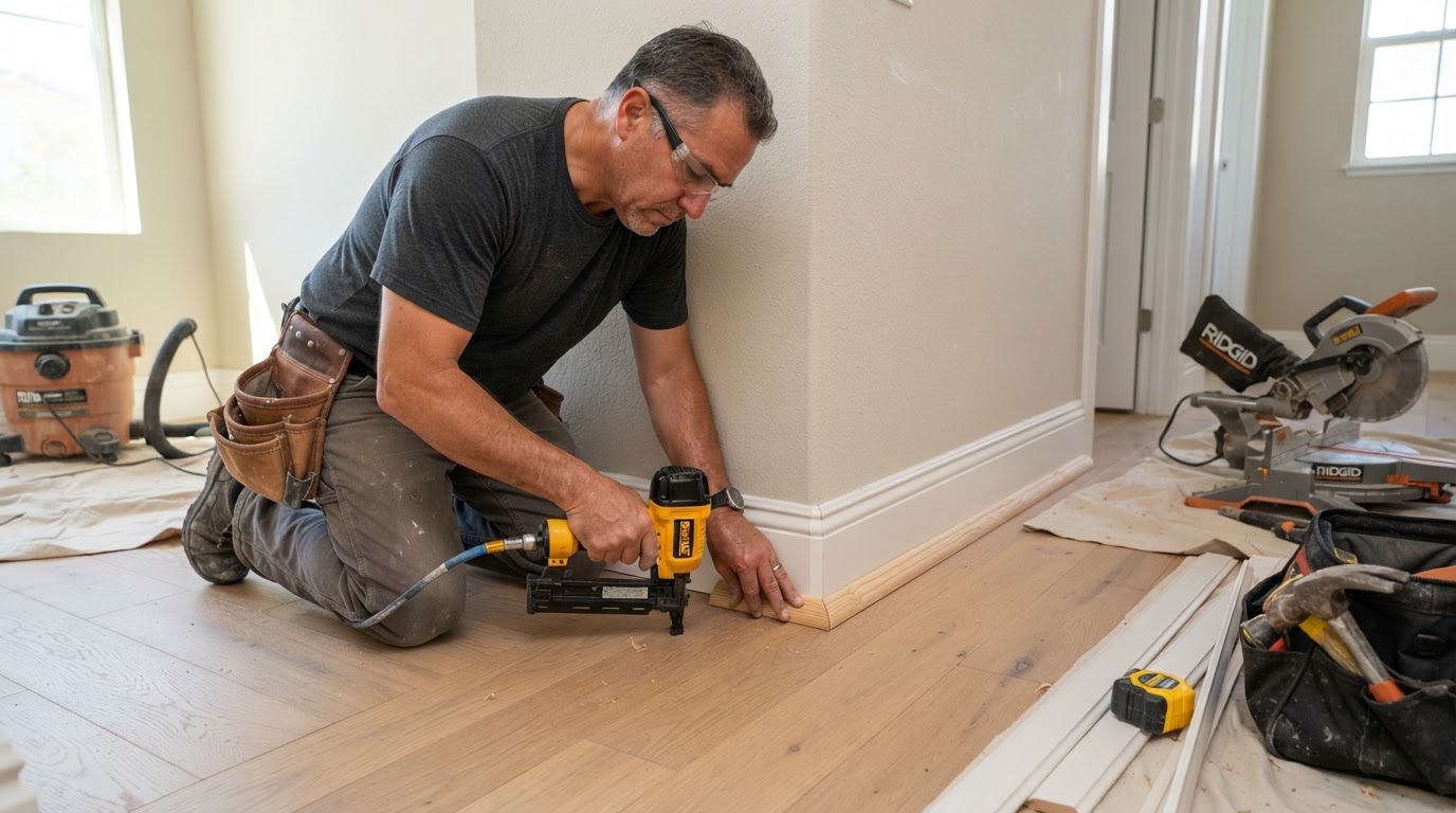 Carpenter fitting baseboards and shoe molding in a La Mirada area home