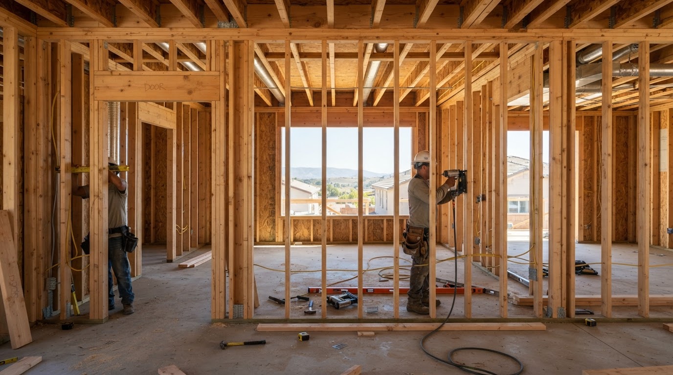 Wood wall framing under construction with studs, top plate, and headers in a Pico Rivera area home