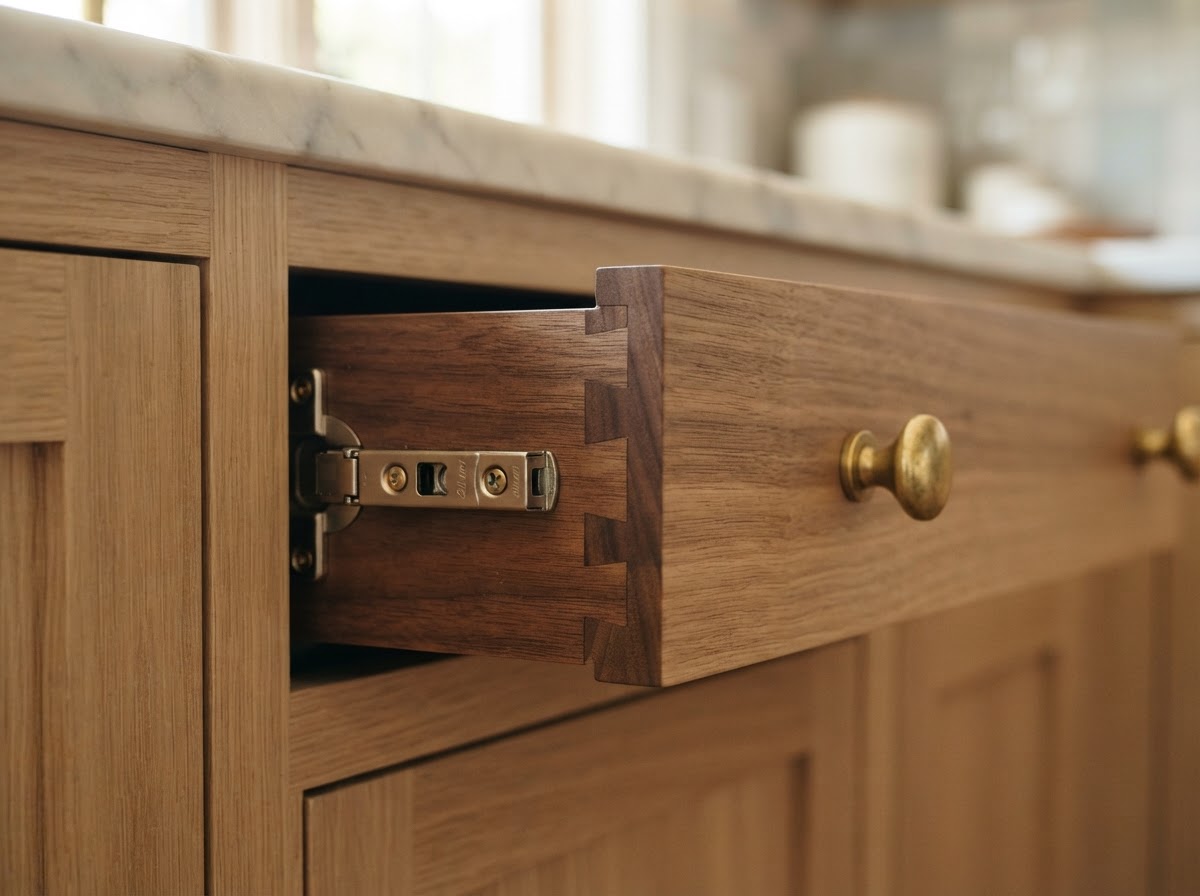 Close-up of cabinet hardware and wood joinery on custom cabinetry