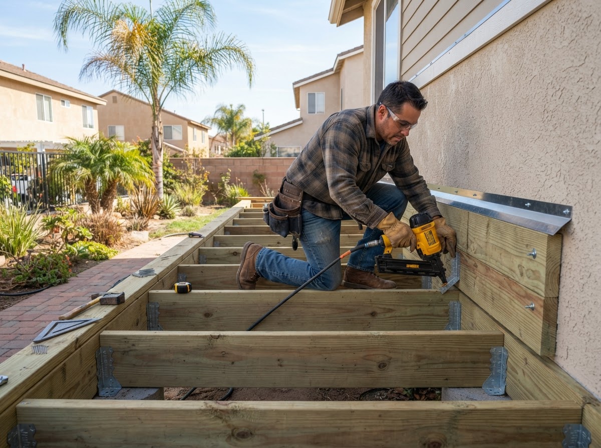 Carpenter working on framing for an outdoor structure near Pico Rivera