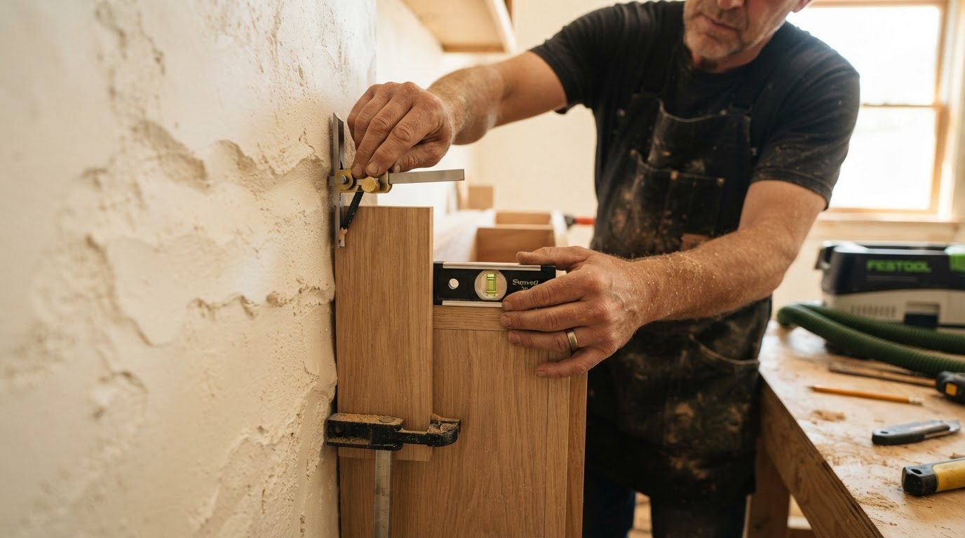 Carpenter fitting custom cabinetry to existing walls in Whittier