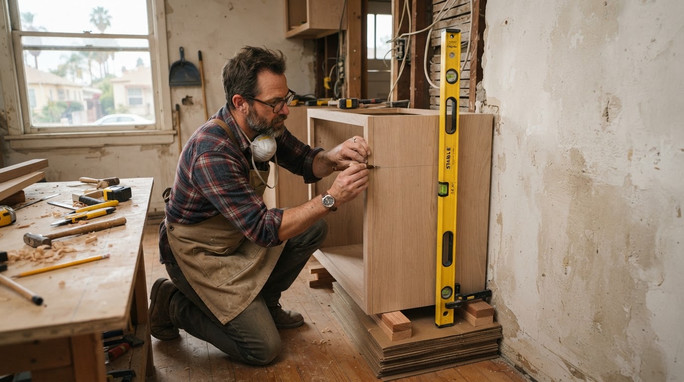 Carpenter aligning custom cabinetry in a Montebello area home kitchen