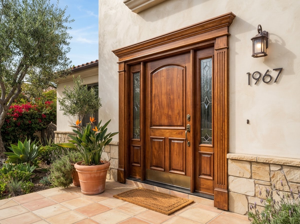 Finished exterior front entry door with trim and casing on a Southern California home
