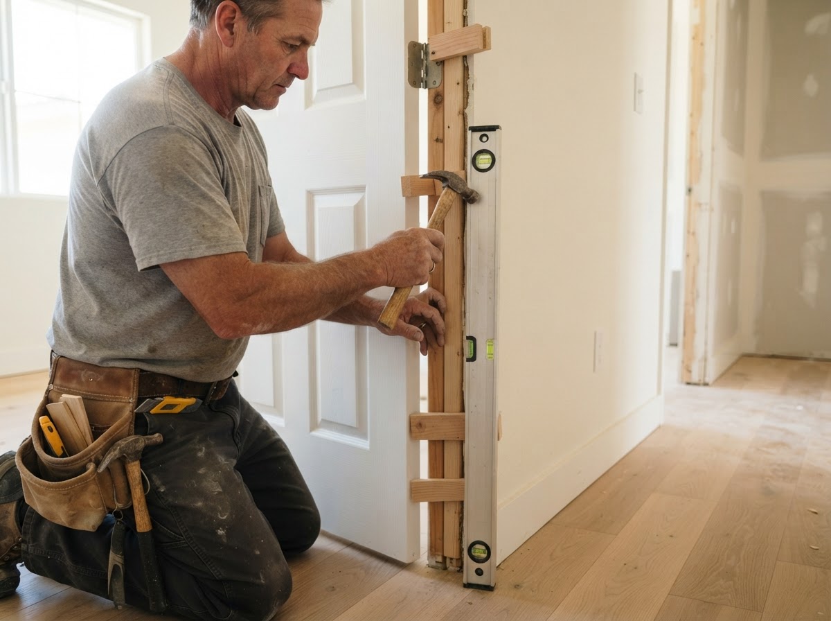Carpenter shimming a prehung interior door jamb plumb with a level in a Southern California home
