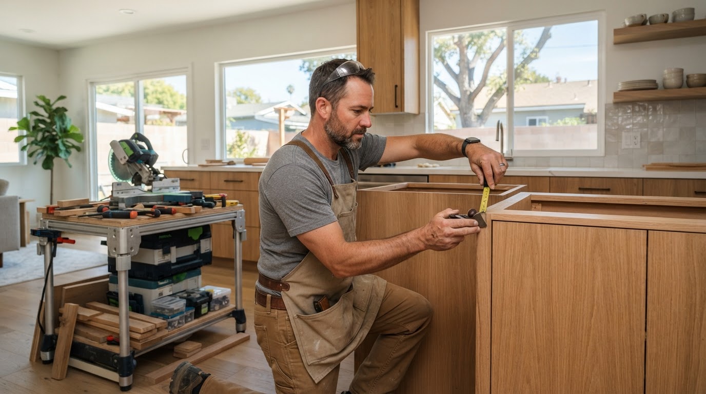 Carpenter completing custom woodwork in a Downey area home