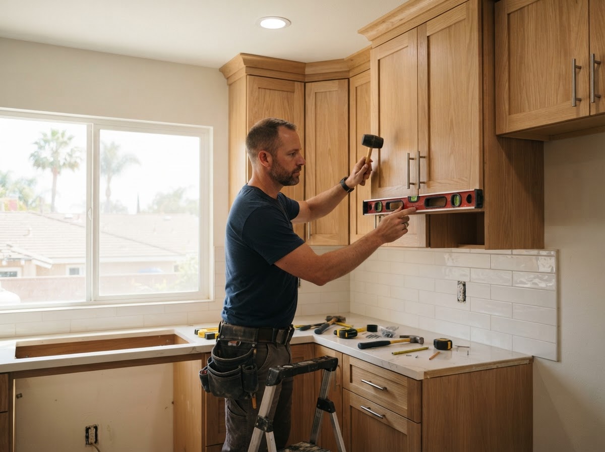 Carpenter aligning custom wall cabinets