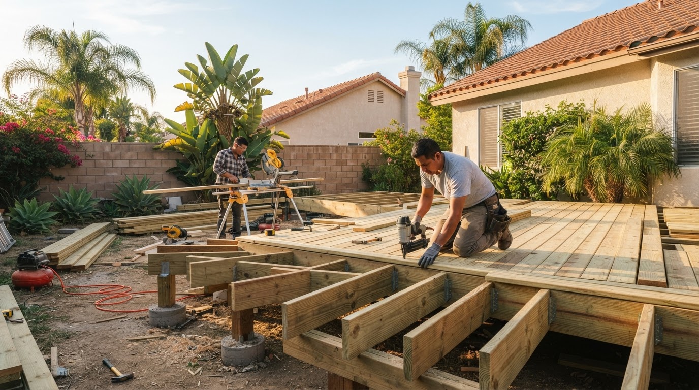 New wooden deck under construction with pressure-treated framing and decking in a Pico Rivera area backyard