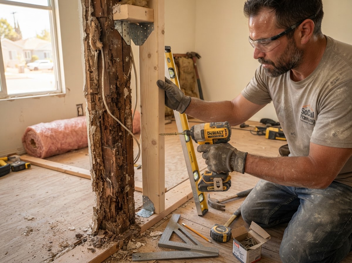 Carpenter sistering a damaged stud with structural screws and connectors