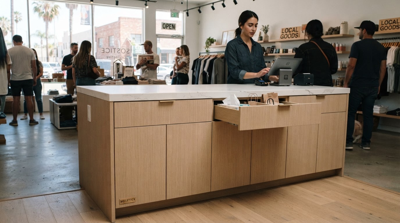 Commercial casework detail with laminate cabinetry in a Los Angeles County retail interior