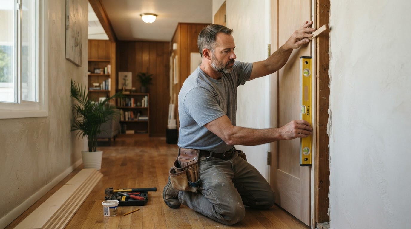 Carpenter installing an interior door in a Whittier area home