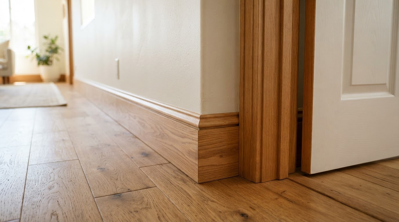 Finished baseboard and trim installation along the floor line of a Southern California interior