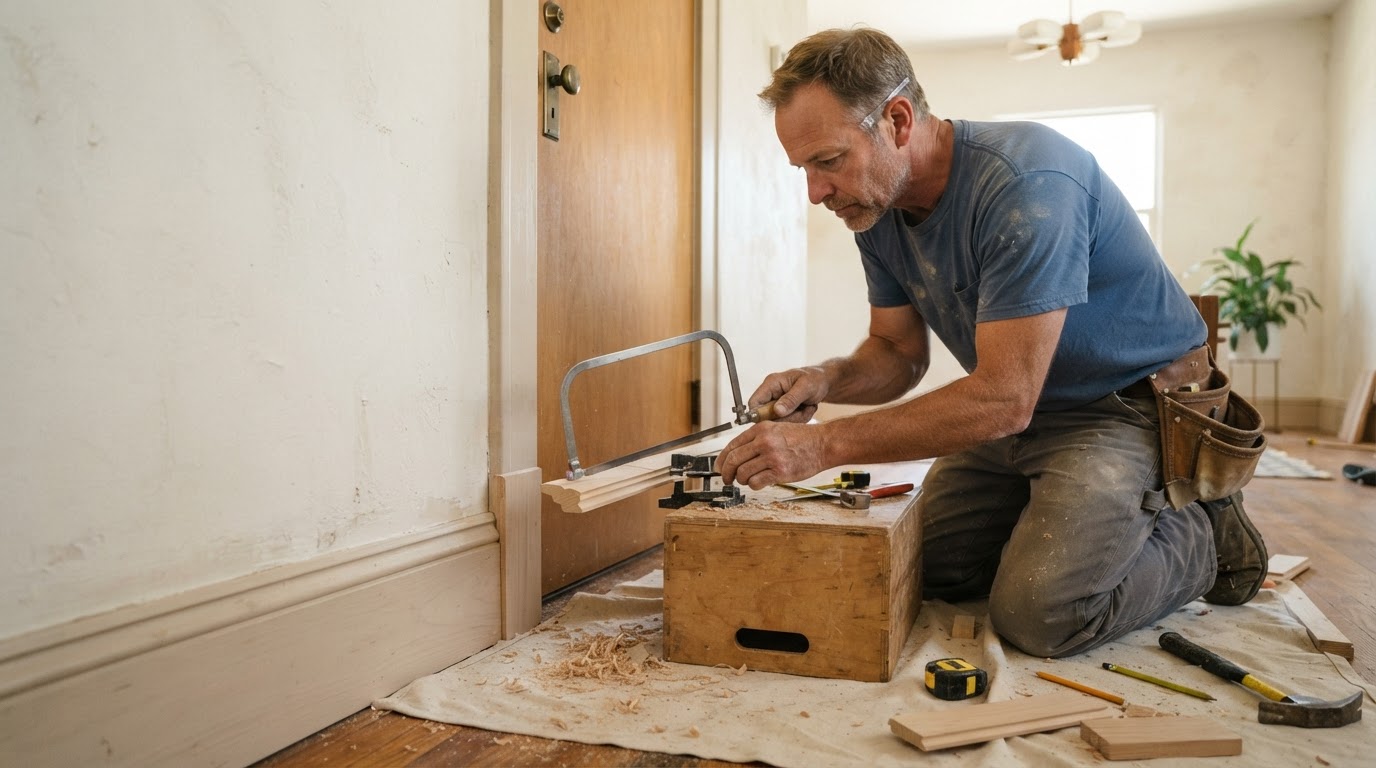 Carpenter fitting baseboards and door casing in a Whittier area home