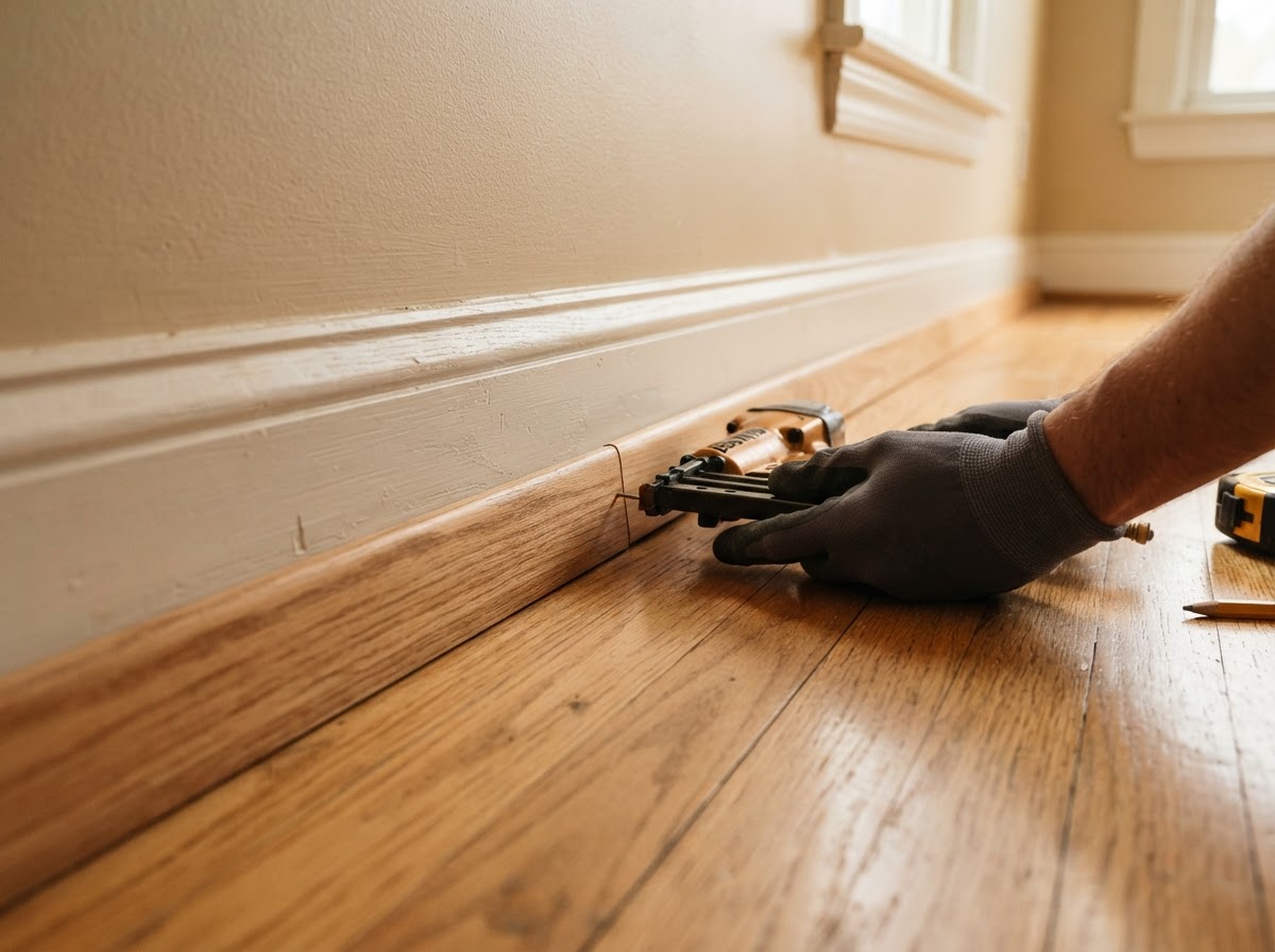 Shoe molding being installed along the bottom of baseboard where it meets flooring