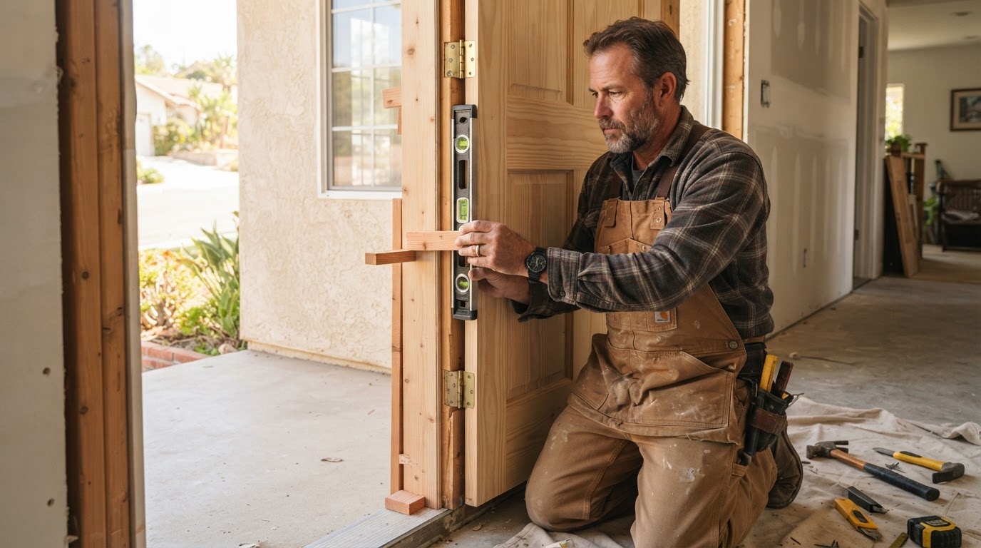 Carpenter installing a prehung interior door and shimming the jamb plumb in a Southern California home