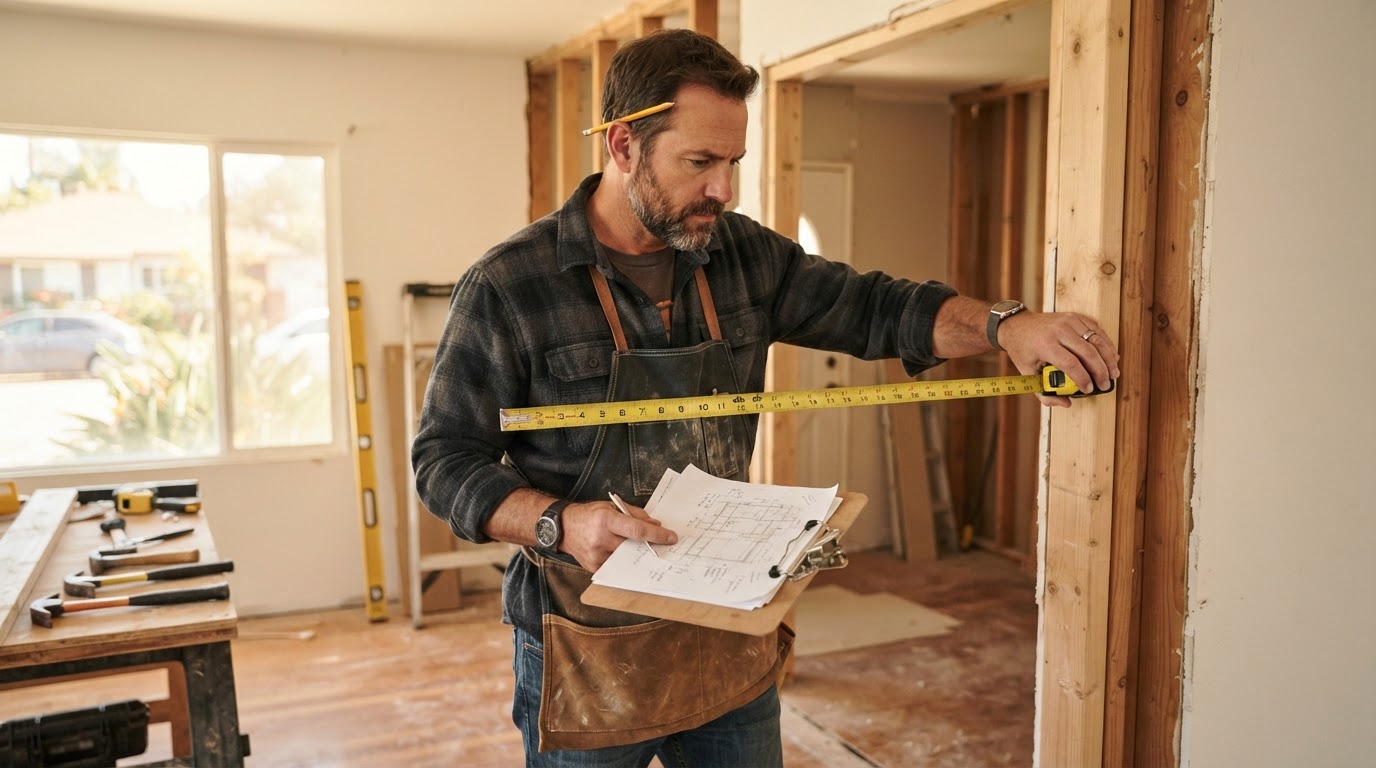 Carpenter measuring and checking alignment during project planning
