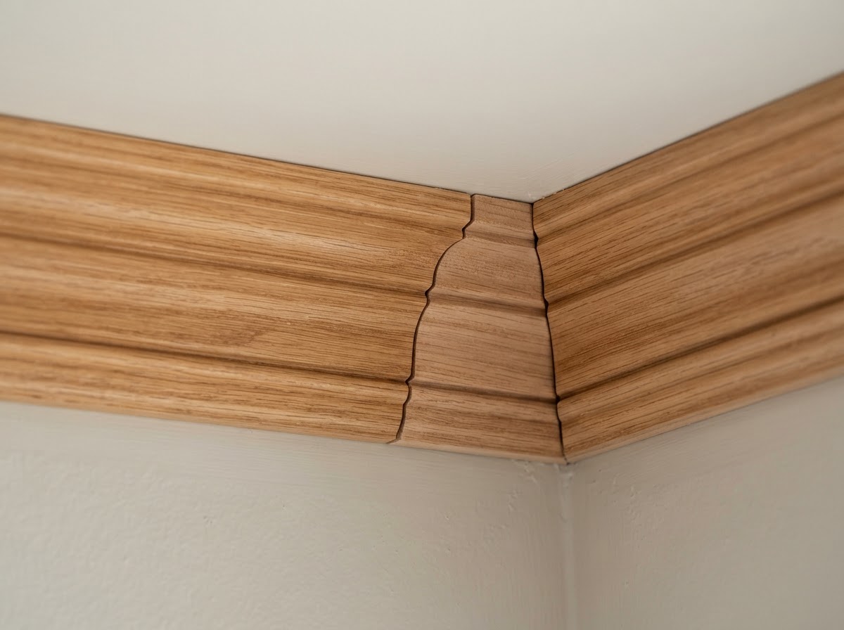 Crown molding profile coped at an inside corner, caulk-ready joint