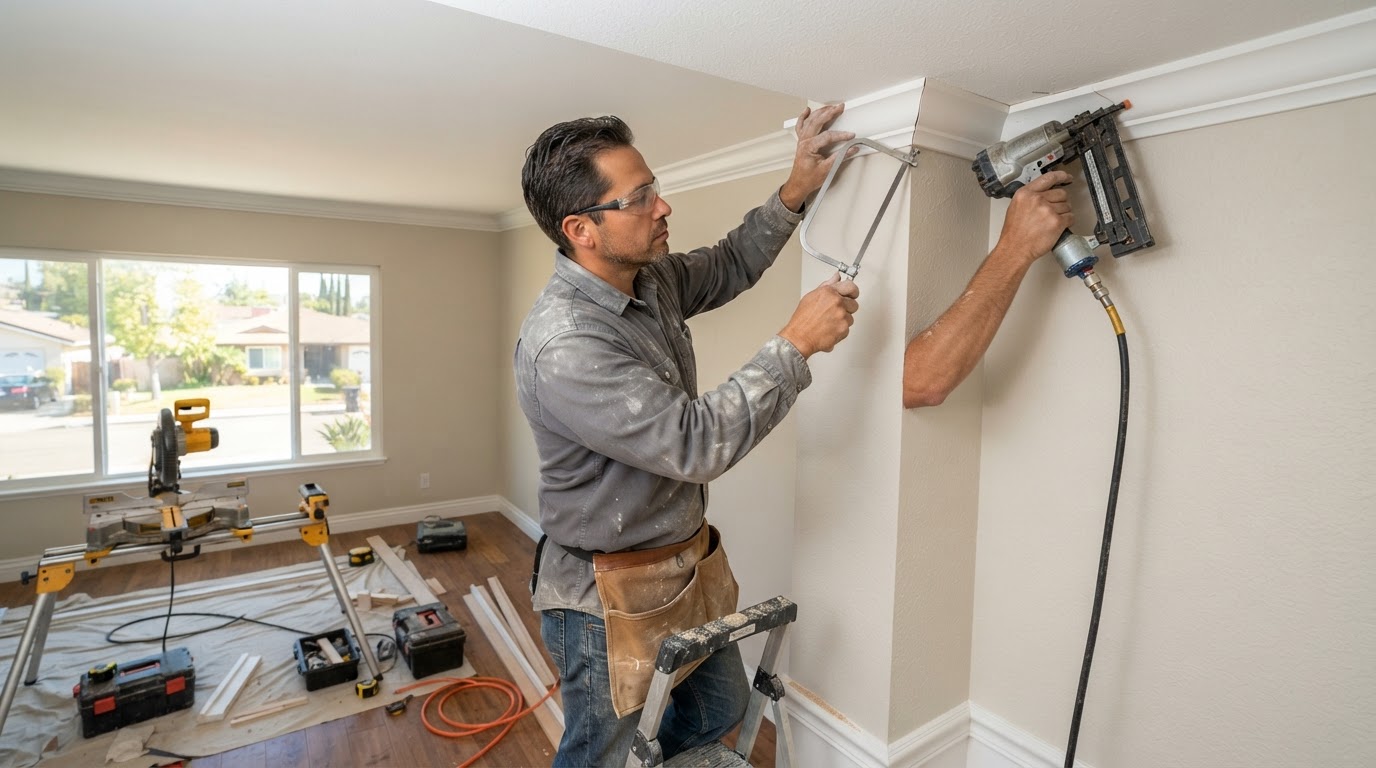 Finish carpenter installing crown molding in a La Mirada area home