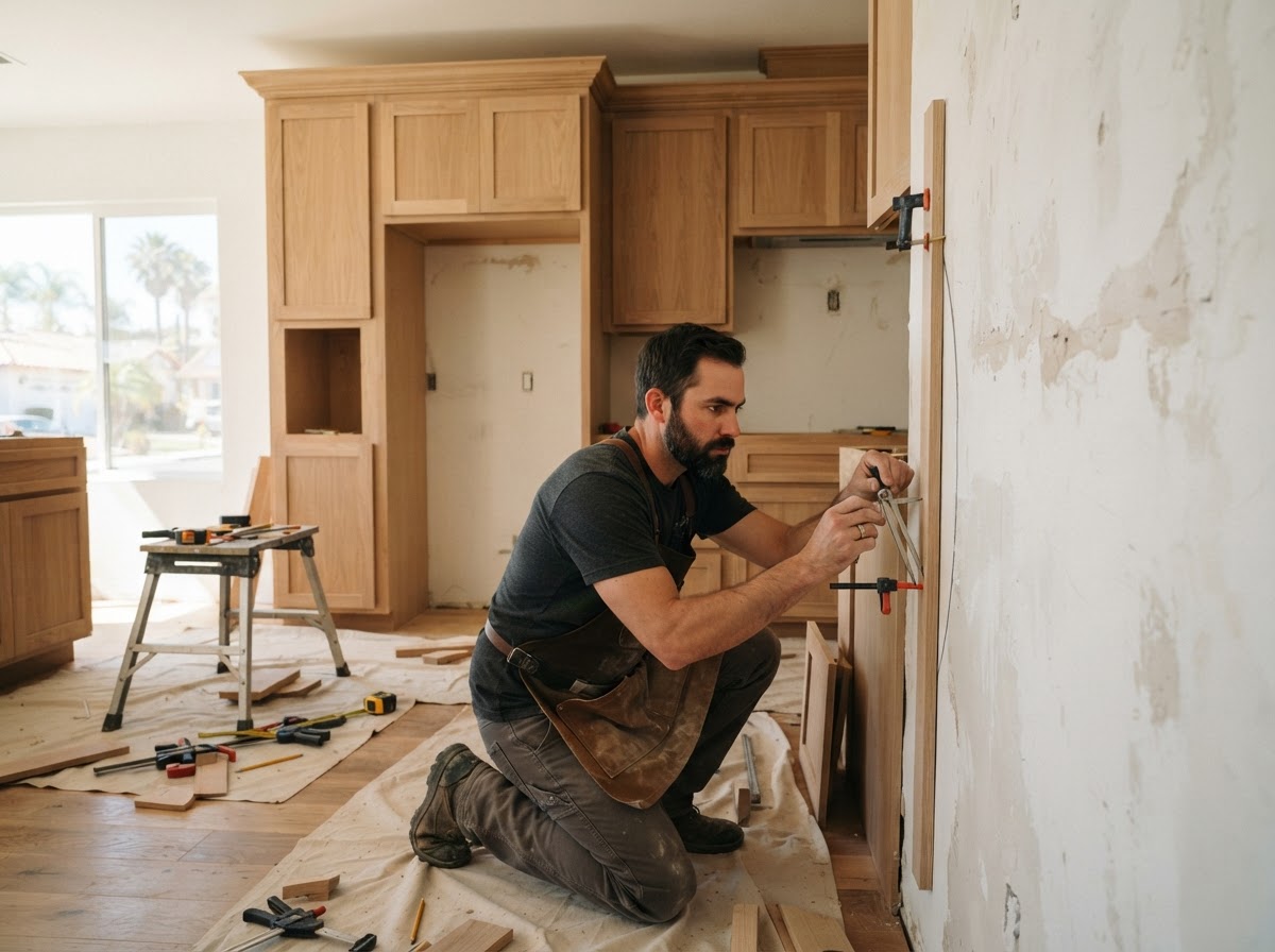 Carpenter scribing a cabinet filler to an uneven wall in a La Mirada home