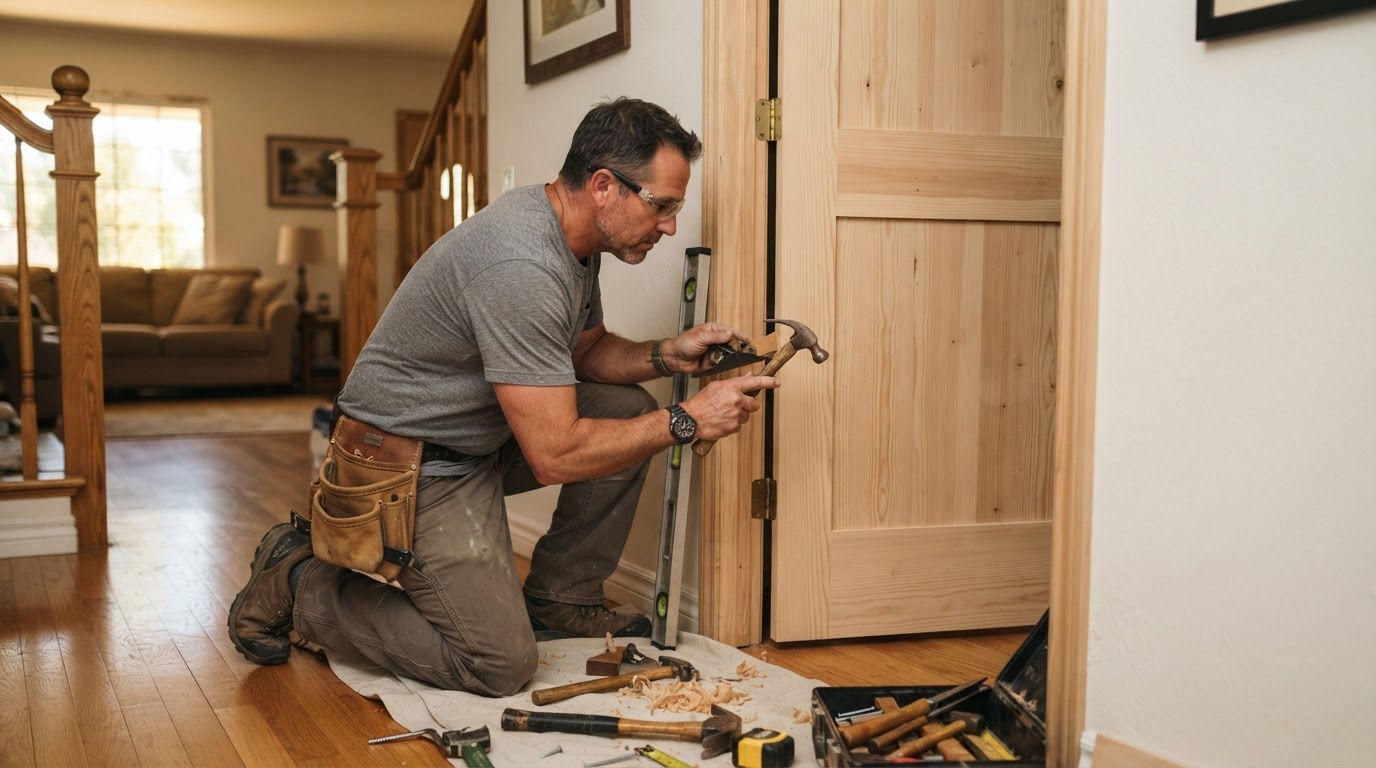 Carpenter installing an interior door in a La Mirada area home