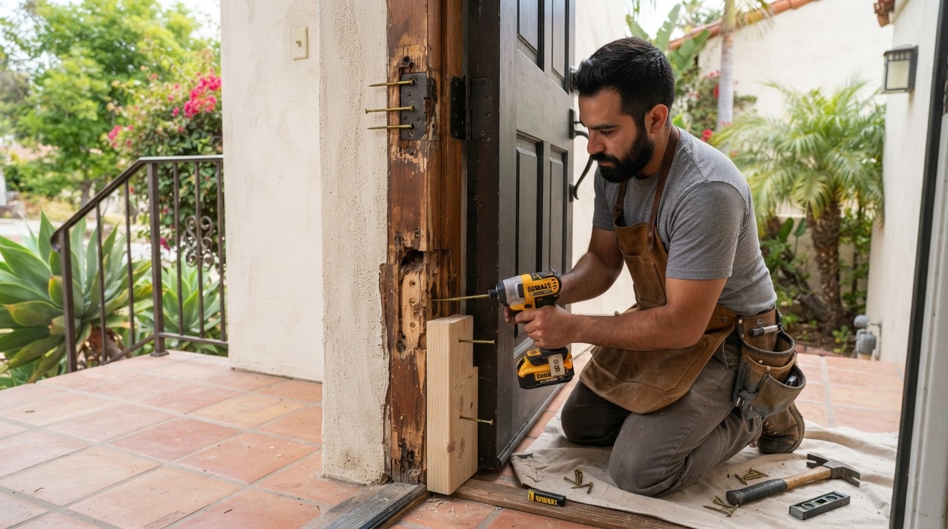 Carpenter repairing a damaged door jamb in a Downey area home