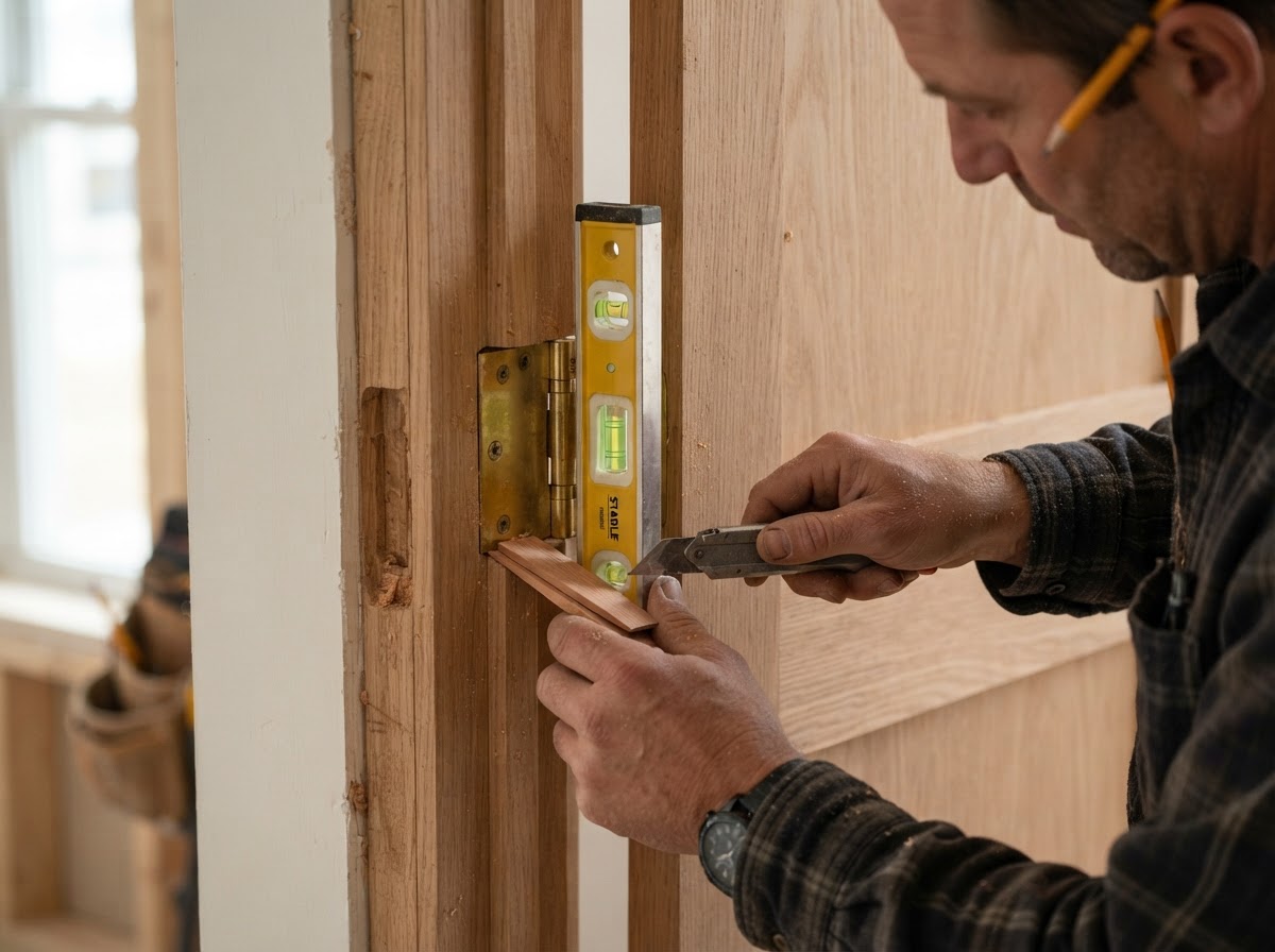 Carpenter shimming and aligning door hinges on an interior door jamb with a level