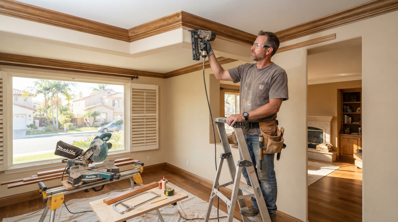Finish carpenter installing crown molding along a ceiling line in a Pico Rivera interior