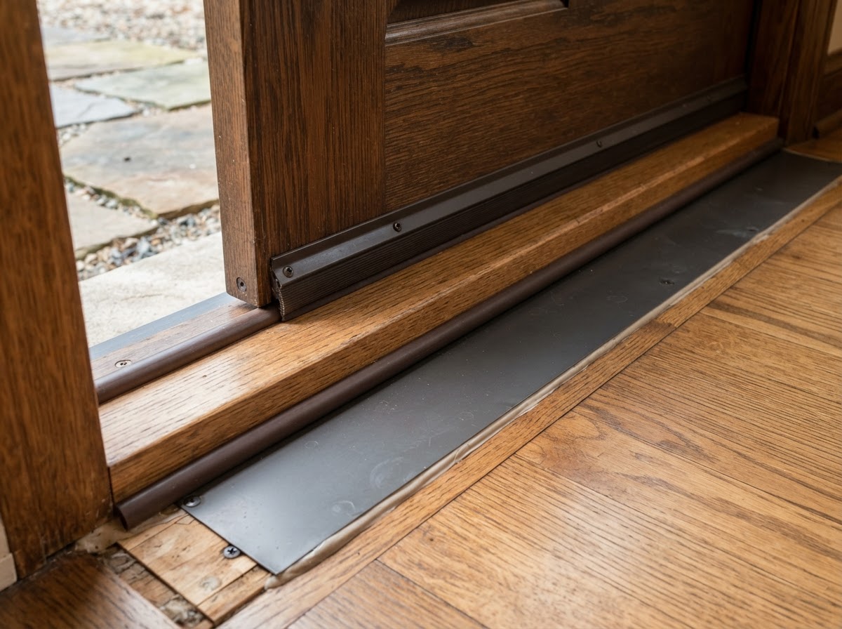 Sill pan and weatherstripping installation at an exterior door threshold